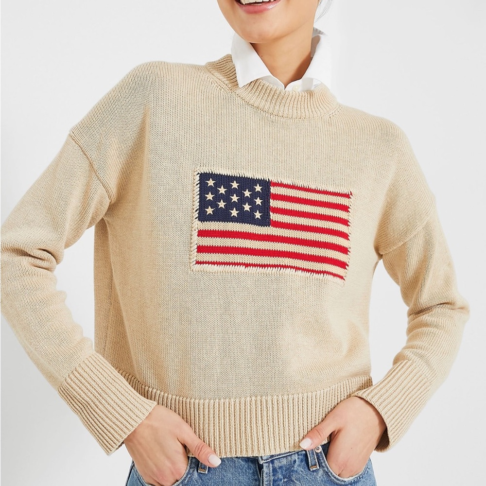 Tuckernuck Cream Crewneck Sweater with American Flag